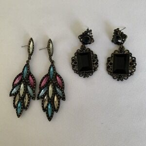 Womens Statement Dangle Earrings Multi-Color Rhinestone Gunmetal Black No‎ Backs